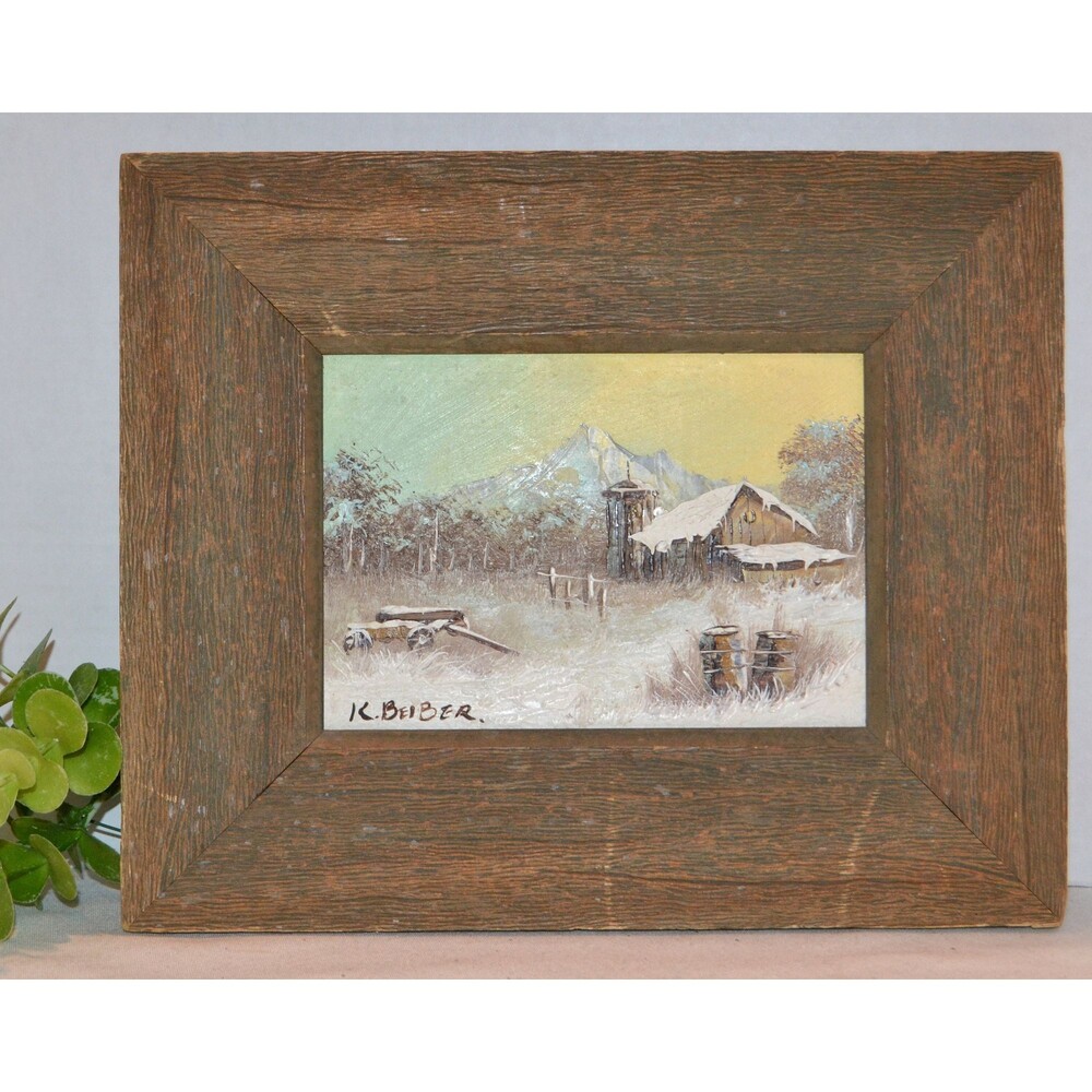 Vintage Signed Oil Painting K. Beiber Rustic Primitive Landscape Framed